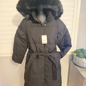 Women's Black Puffer Coat with Faux Fur Hood